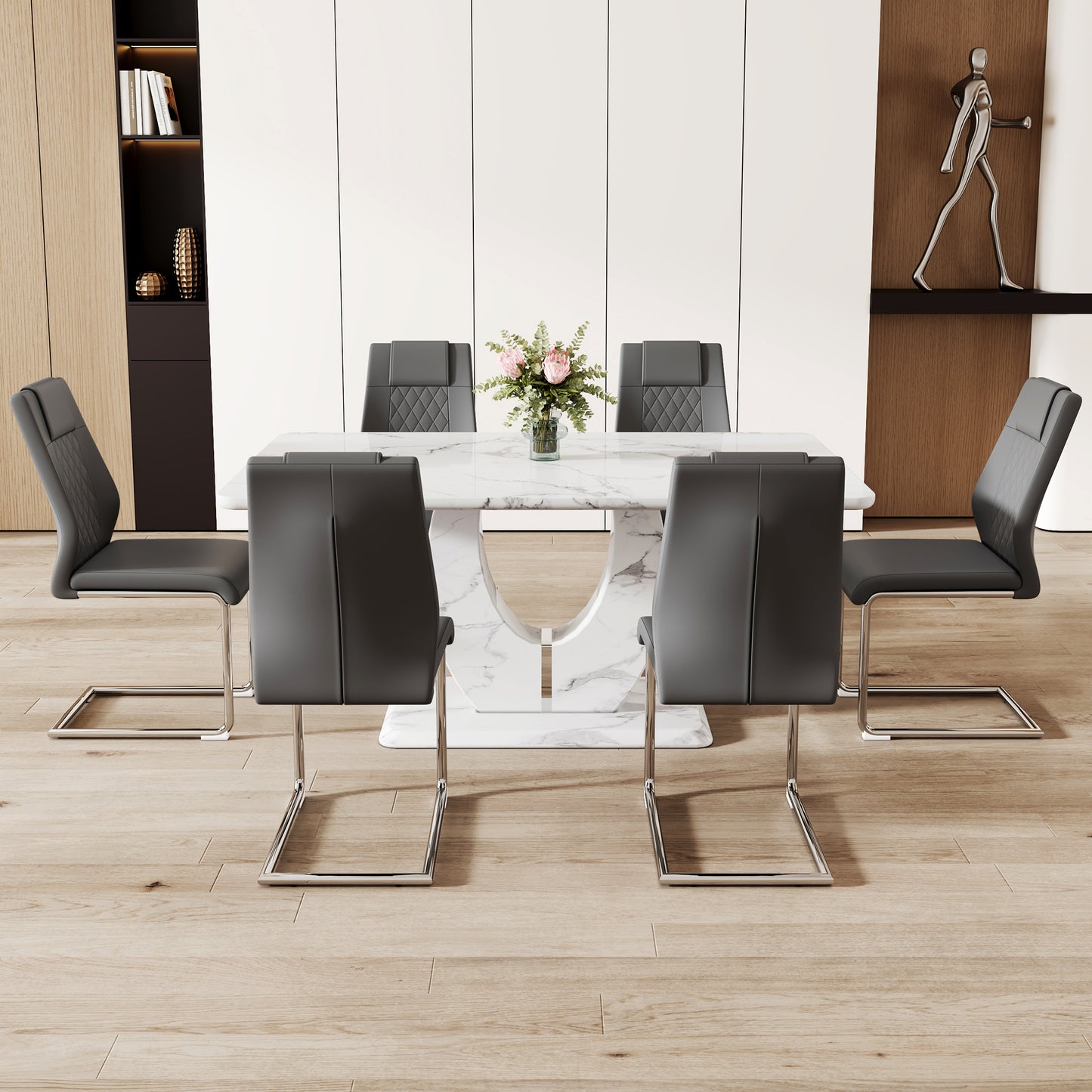 Modern marble dining table with six grey faux leather chairs