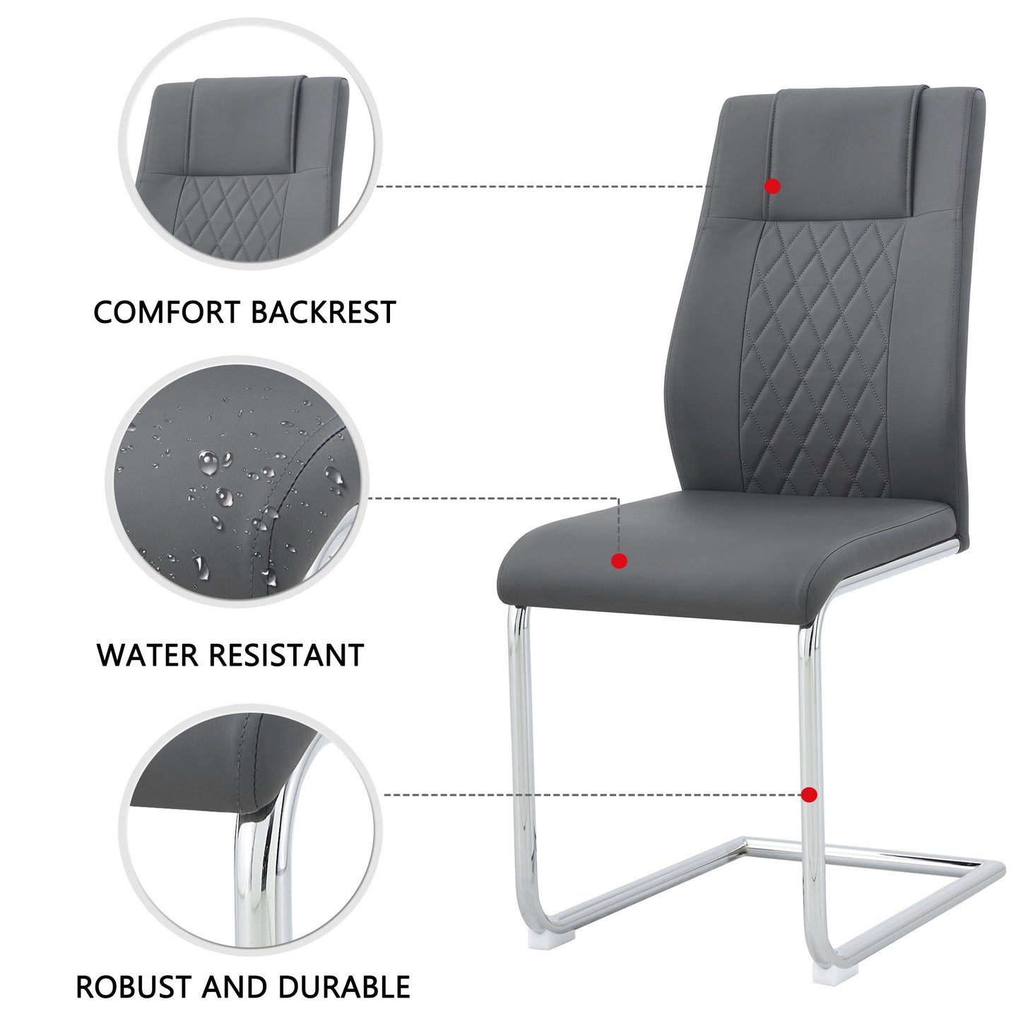 Grey leather dining chair with diamond stitching and chrome sled base
