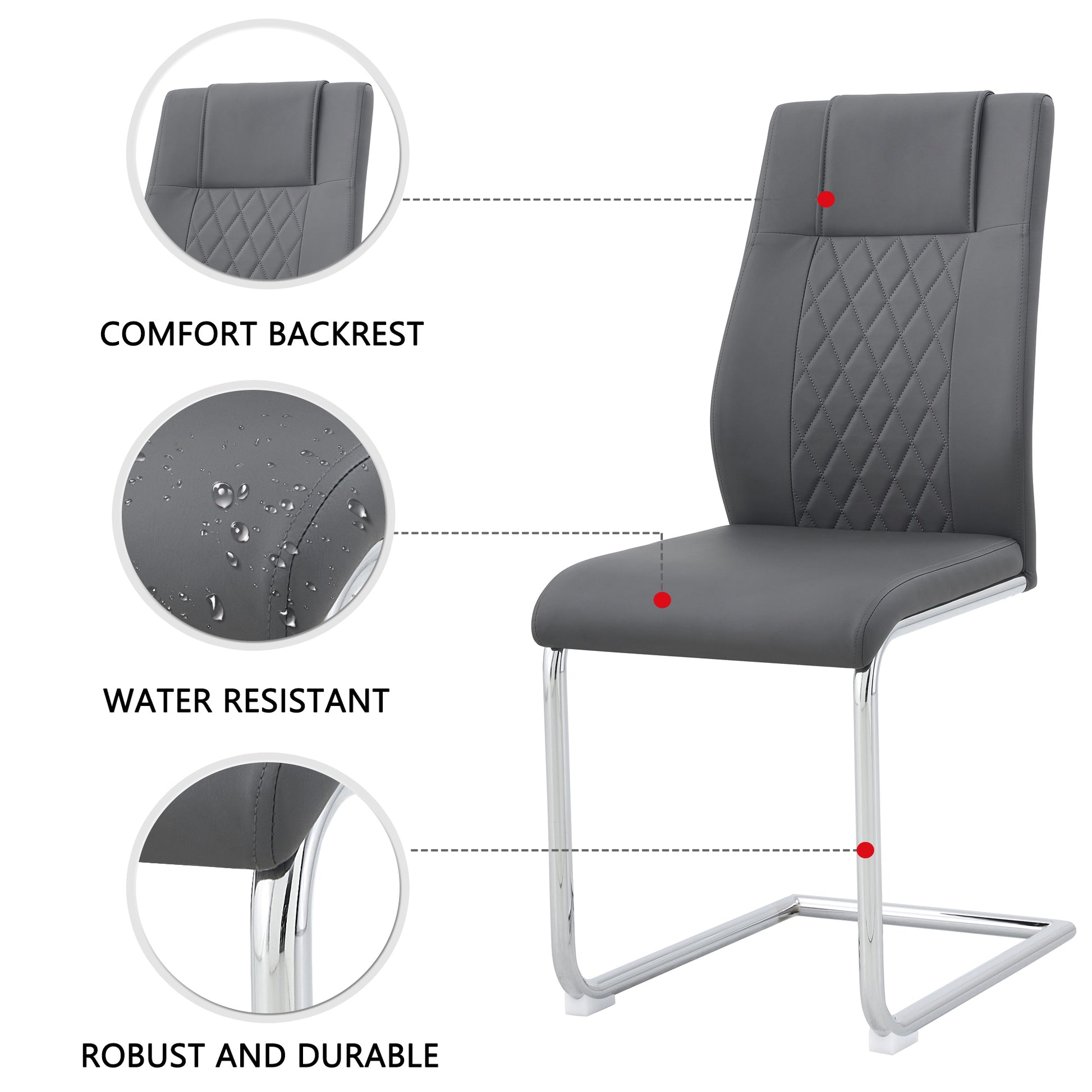 Grey leather dining chair with diamond stitching and chrome sled base