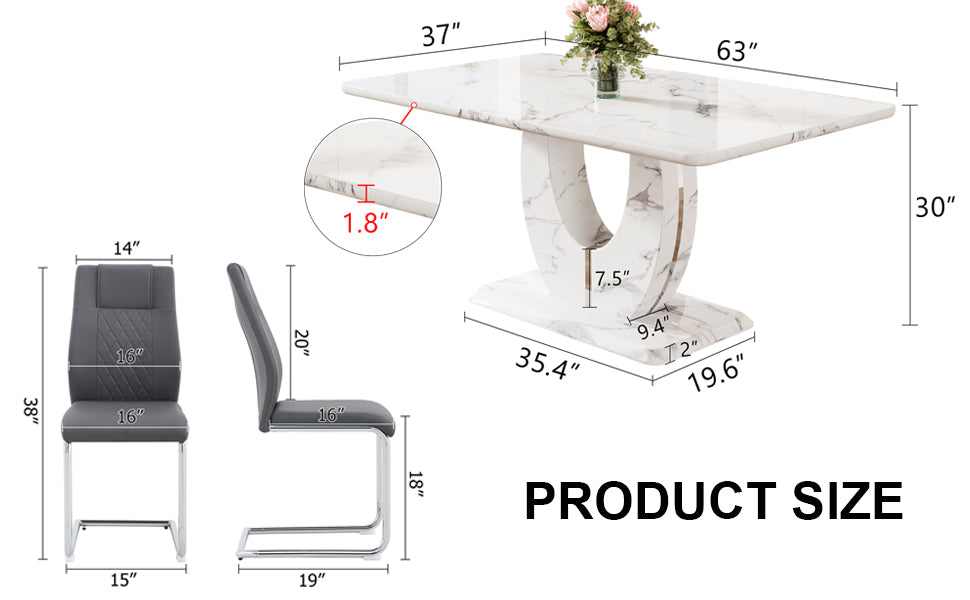 Modern dining table with white marble top and pedestal base  W x  D