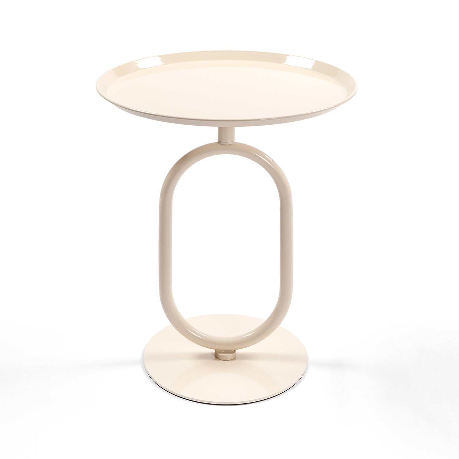Cream oval side table with a minimalist metal frame perfect for modern living rooms