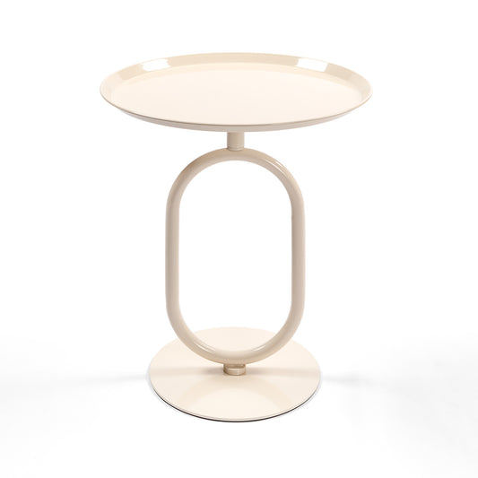 Cream oval side table with a minimalist metal frame perfect for modern living rooms