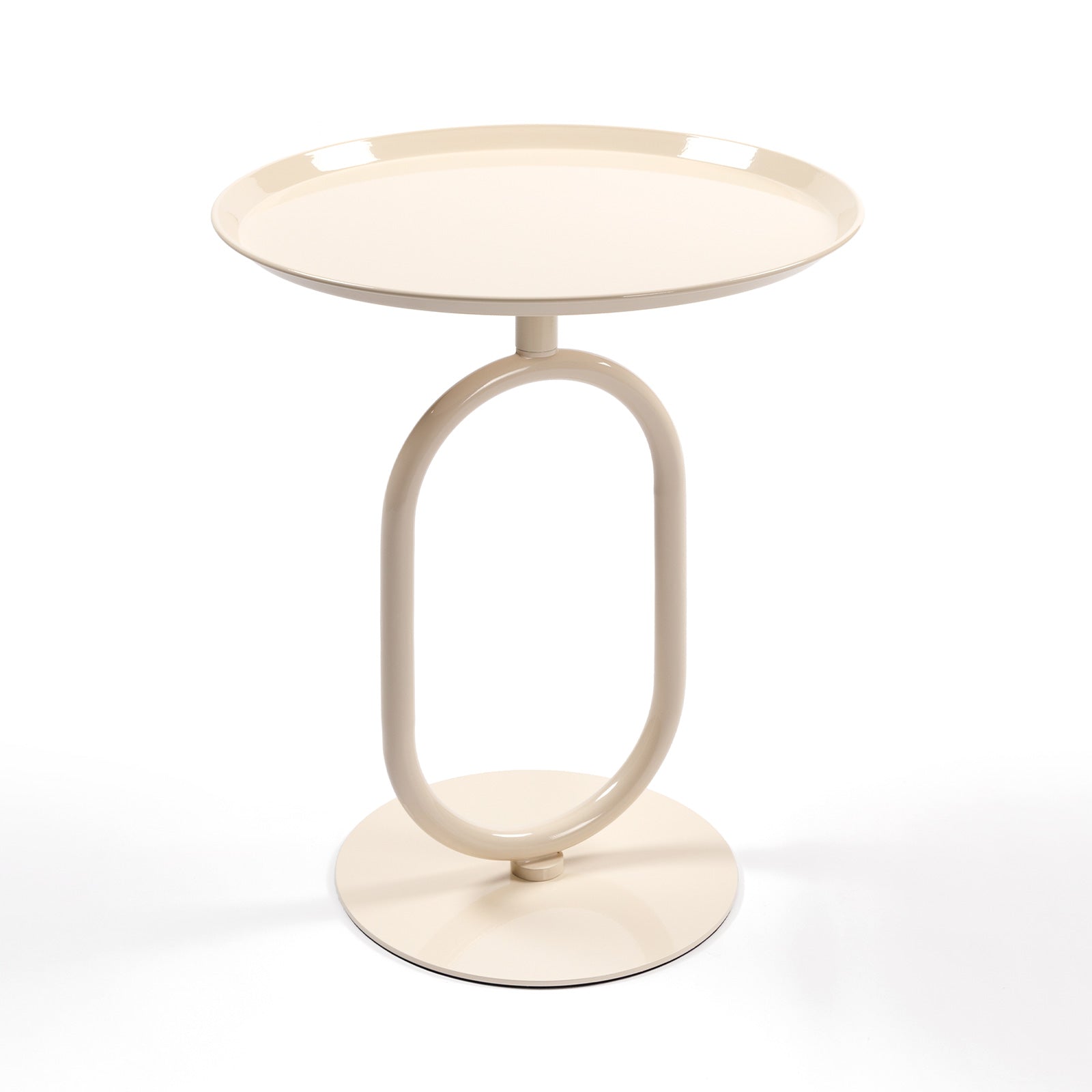 Cream modern side table with oval metal base and circular top