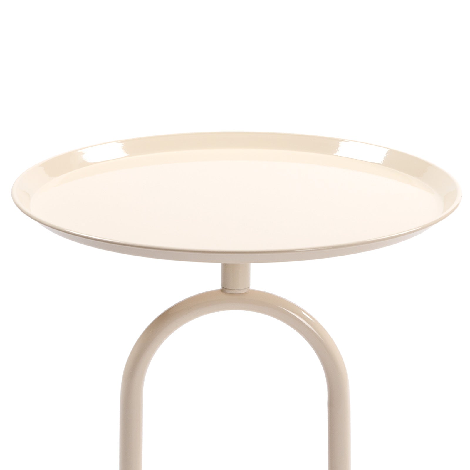 Minimalist cream side table with curved metal base and round tray top