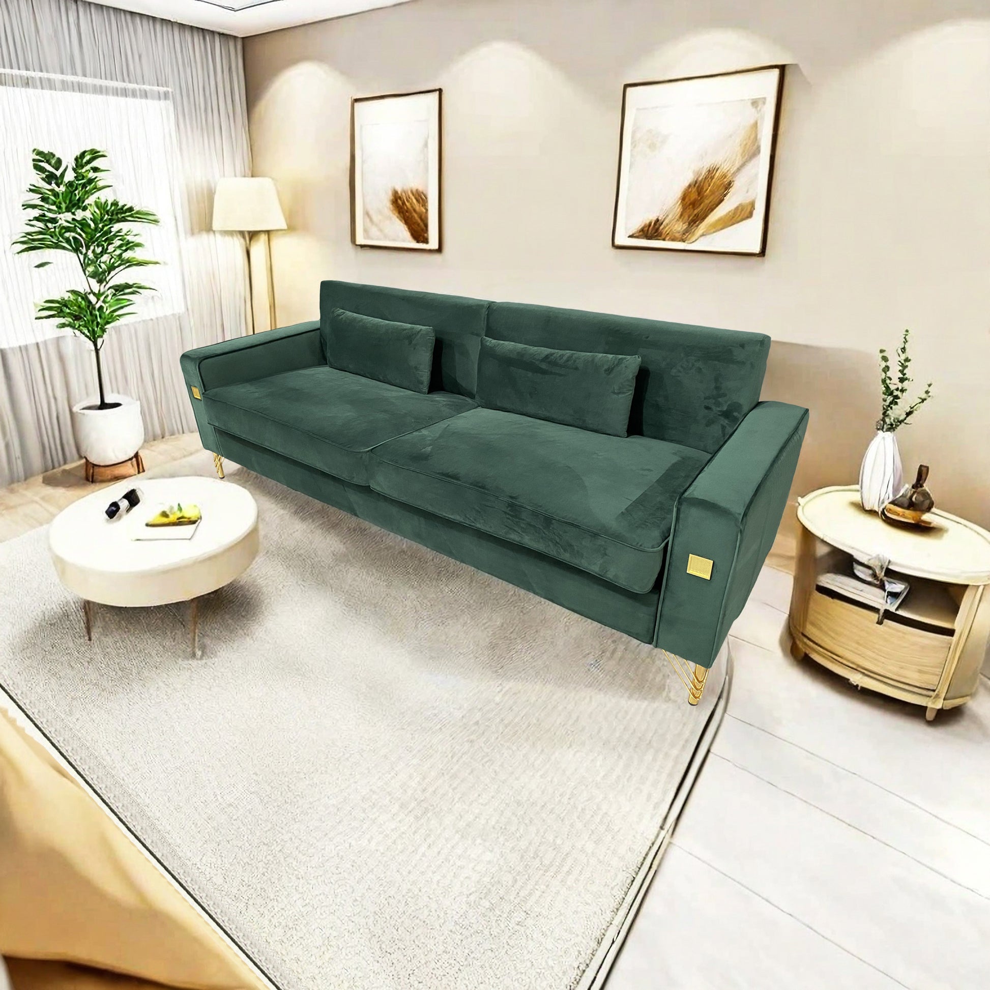 Emerald green velvet sofa with gold legs and plush throw pillows modern living room furniture