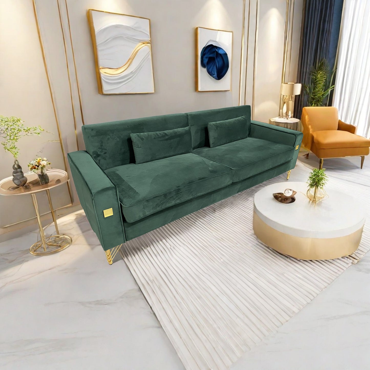 Deep green velvet sofa with gold accents and plush cushions perfect for a modern living room