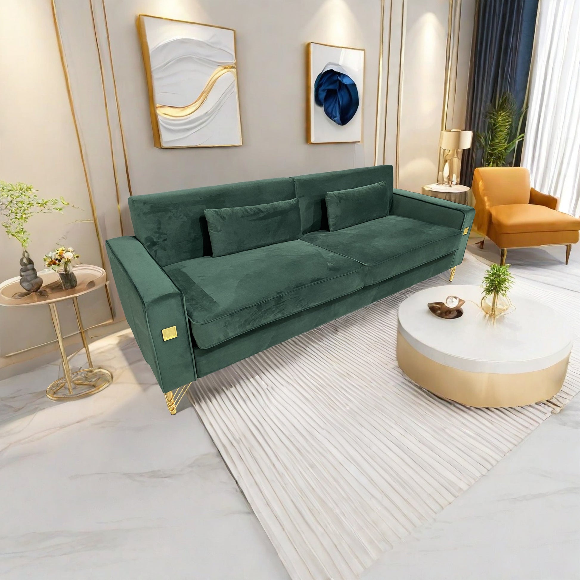 Deep green velvet sofa with gold accents and plush cushions perfect for a modern living room