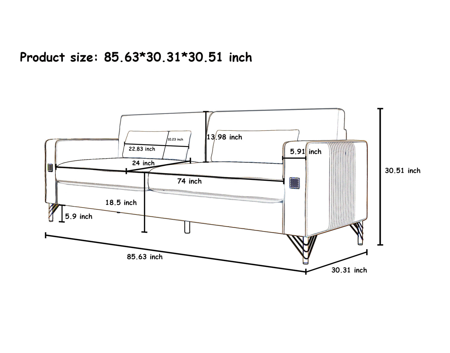 Line drawing of a modern seater sofa  inches wide with detailed dimensions