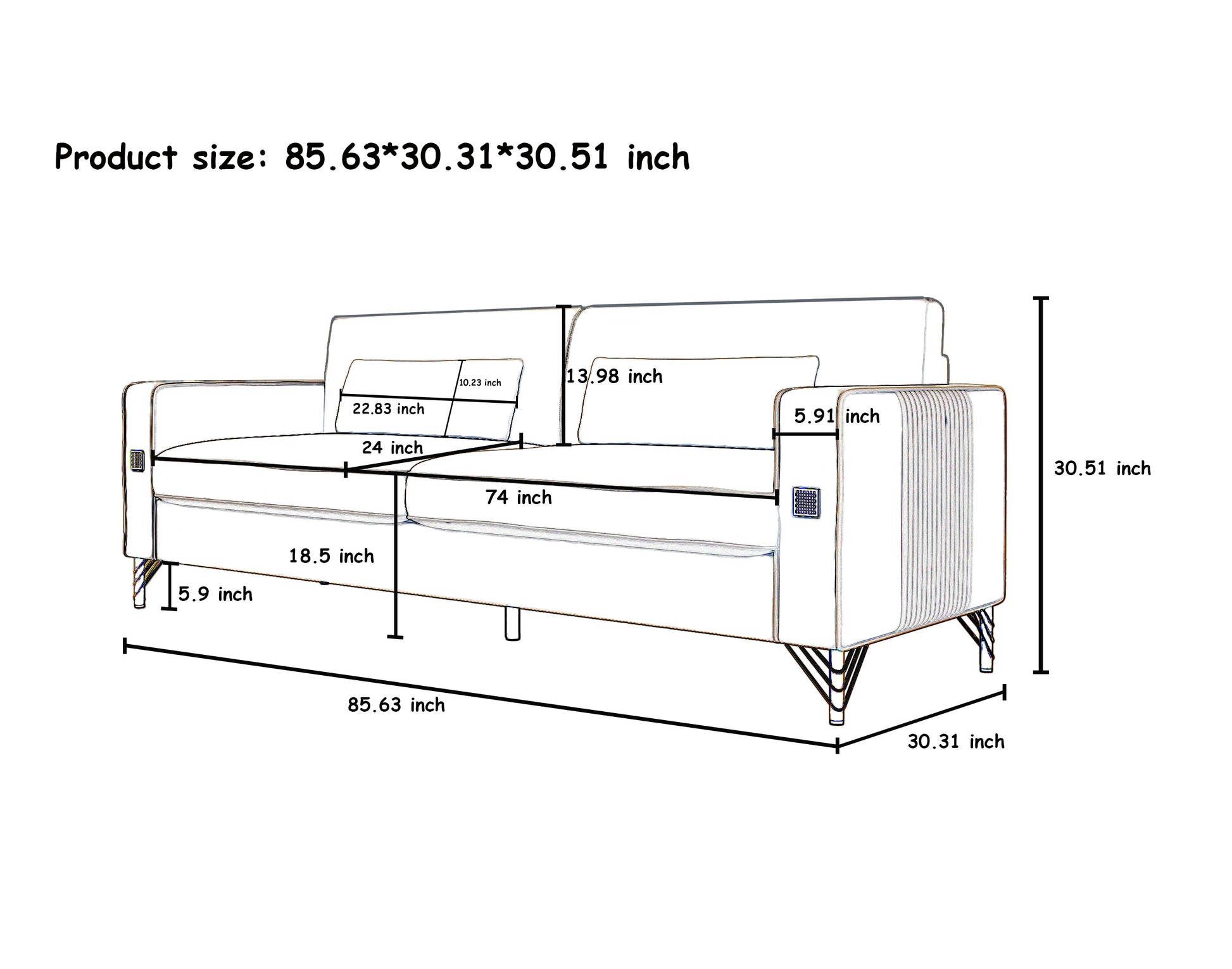 Line drawing of a modern seater sofa  inches wide with detailed dimensions