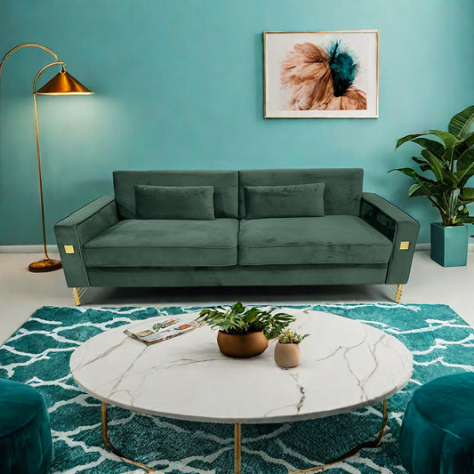 Deep green velvet sofa with gold accents and plush cushions perfect for modern living rooms