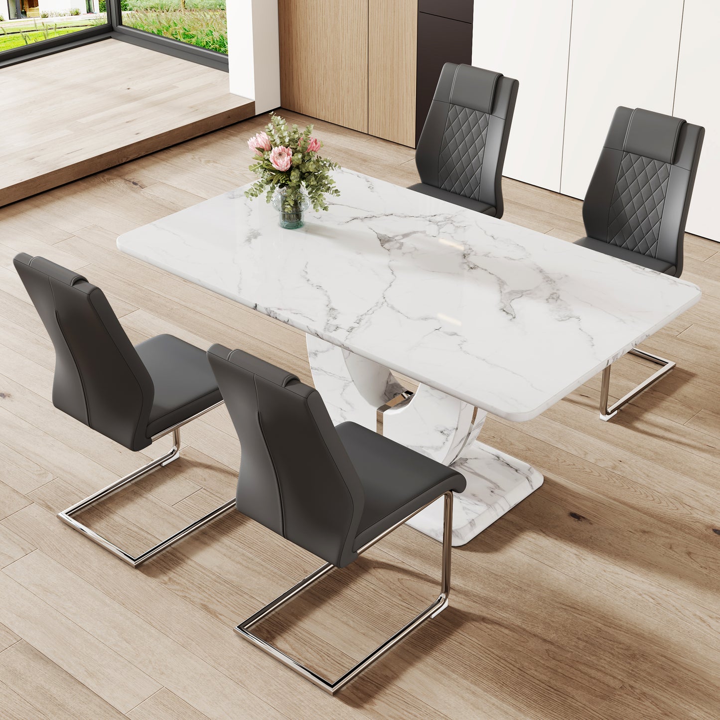 Modern white marble dining table with grey upholstered chairs