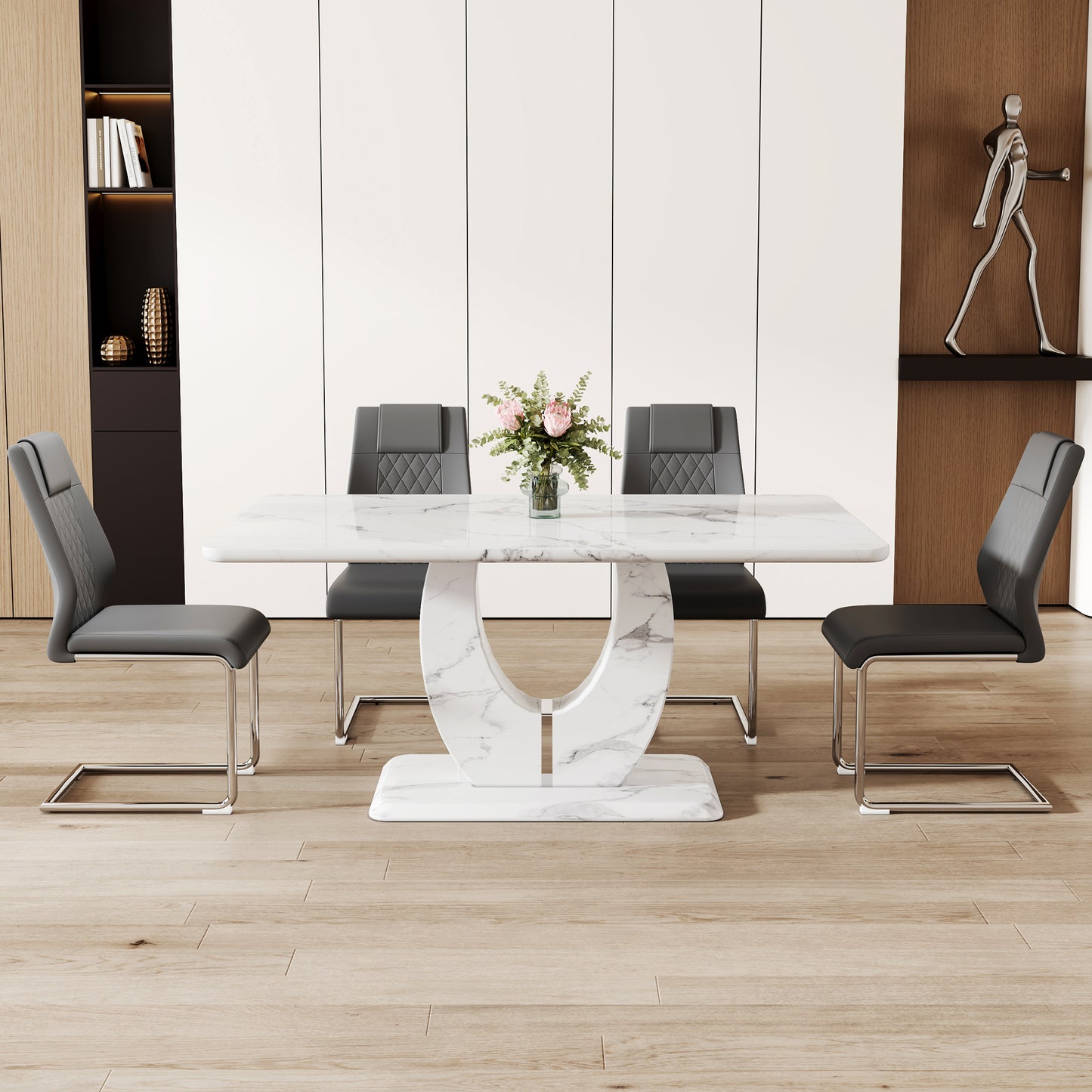 Modern rectangular marble dining table with chrome sled legs and grey upholstered chairs