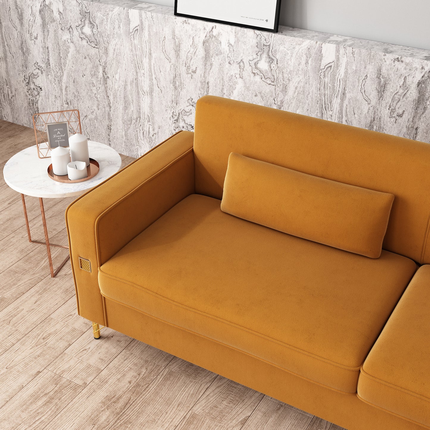 Mustard yellow velvet sofa with plush cushions modern midcentury design