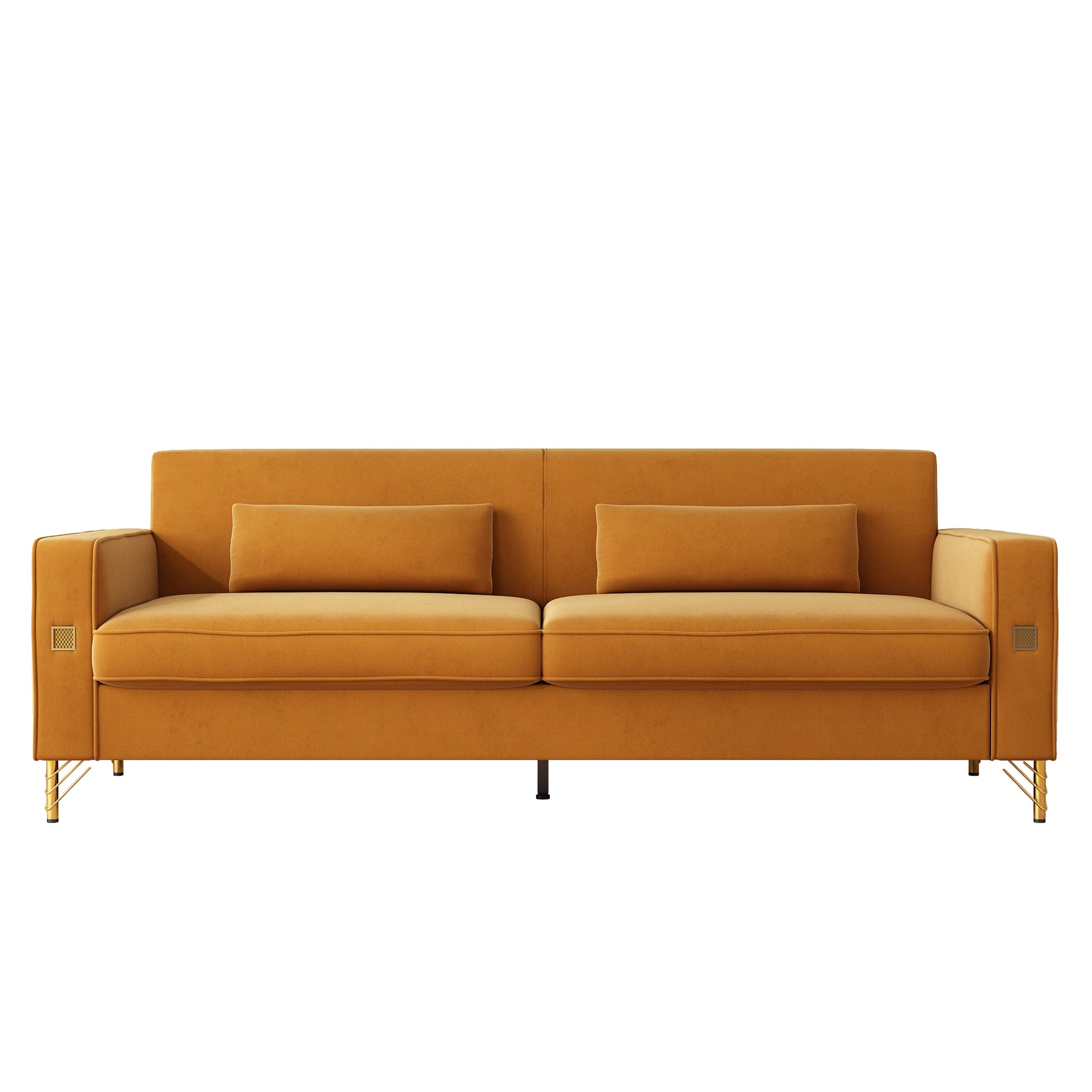 Burnt orange velvet sofa with gold legs and two matching lumbar pillows