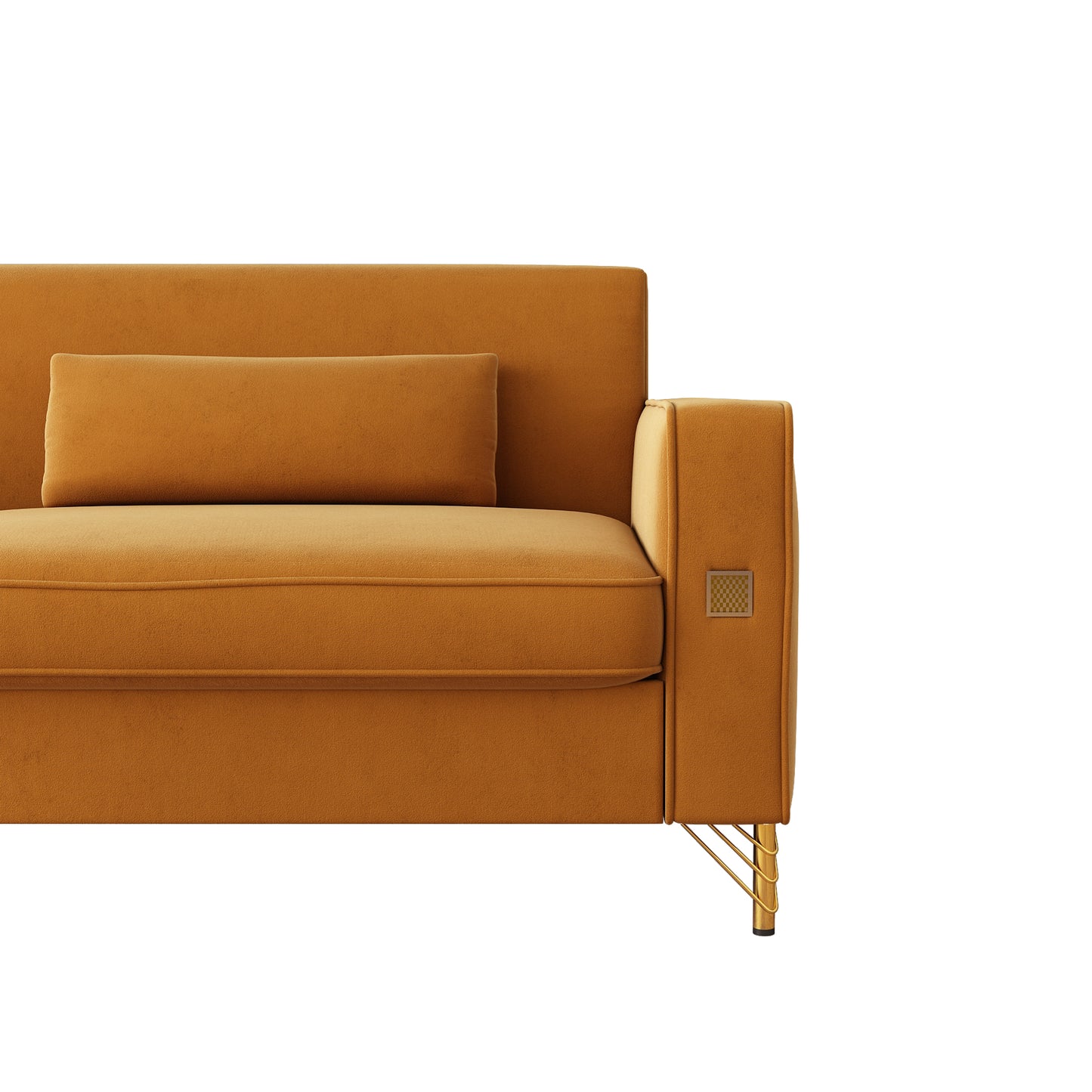 Comfortable orange velvet sofa with gold legs and decorative side panel