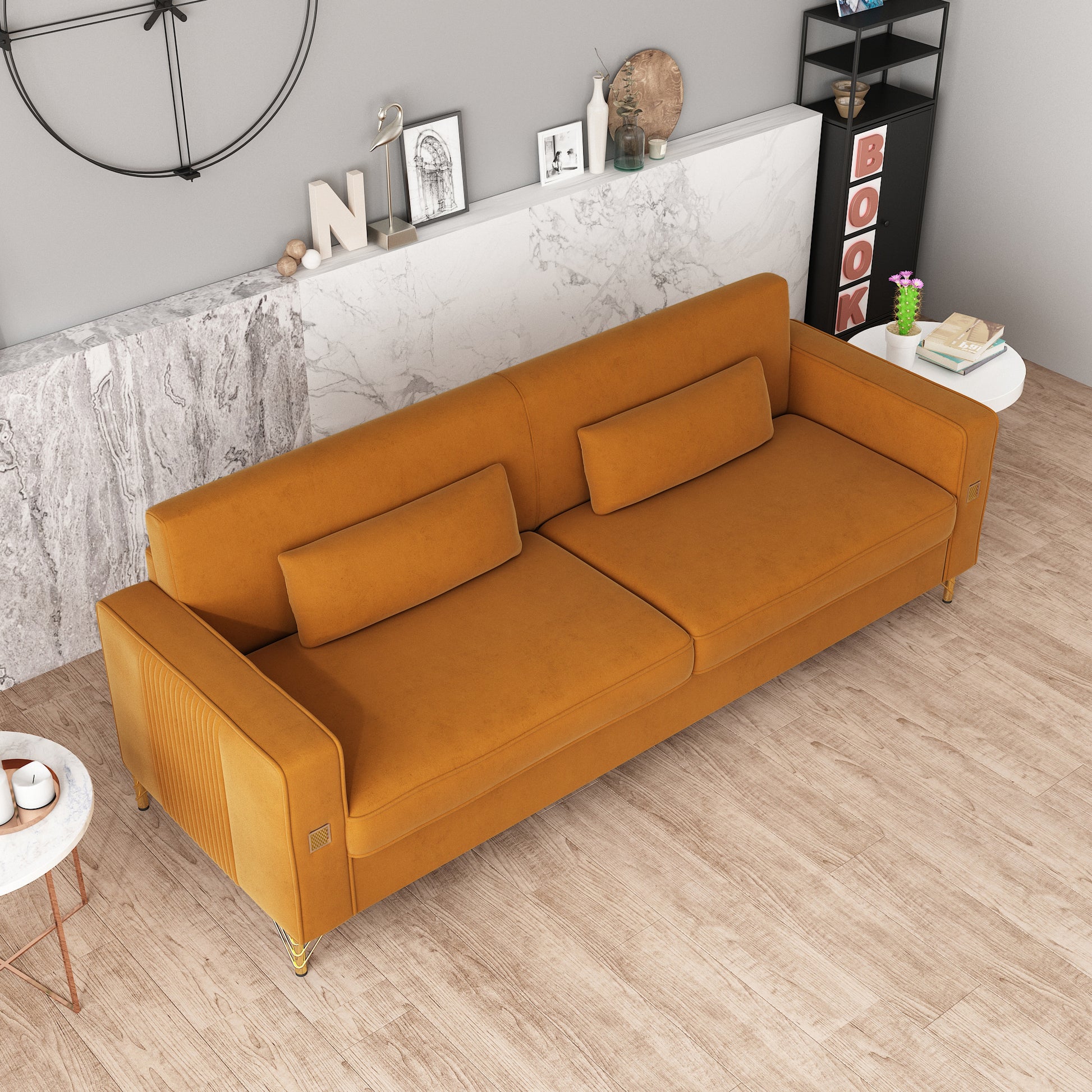 Orange velvet sofa with clean lines and plush cushions perfect for modern living rooms