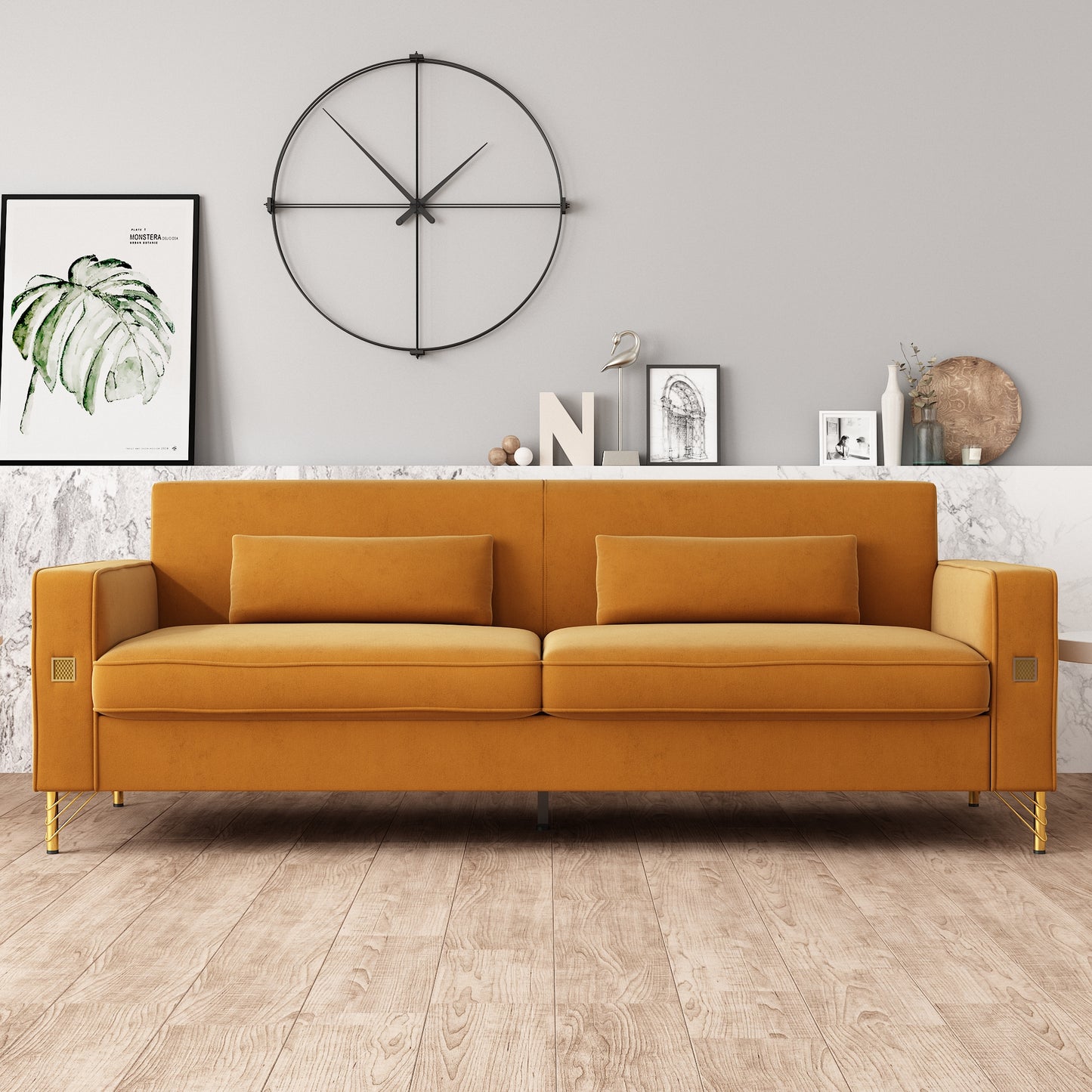 Luxurious mustard velvet sofa with gold legs perfect for a modern living room setting