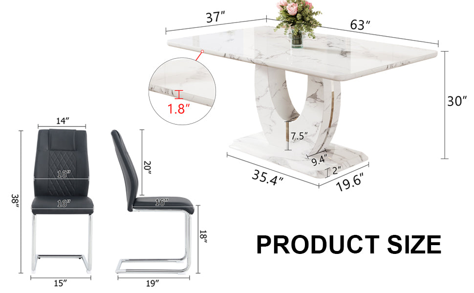 Rectangular white marble dining table with a pedestal base and chrome cantilever dining chairs