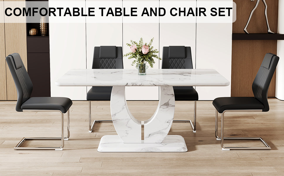 Modern marble dining table and four black upholstered chairs with chrome legs