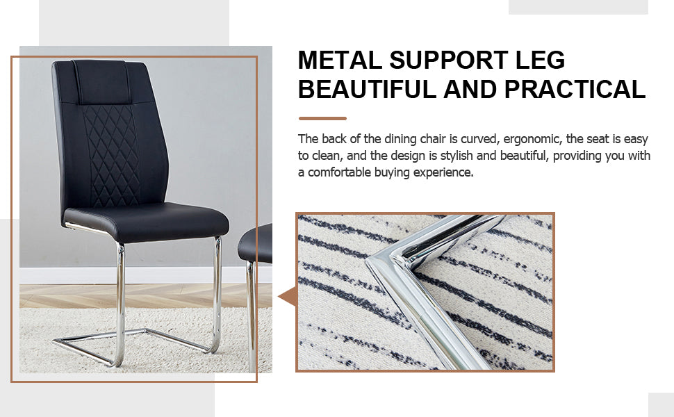 Black faux leather dining chair with diamond stitching and chrome sled base