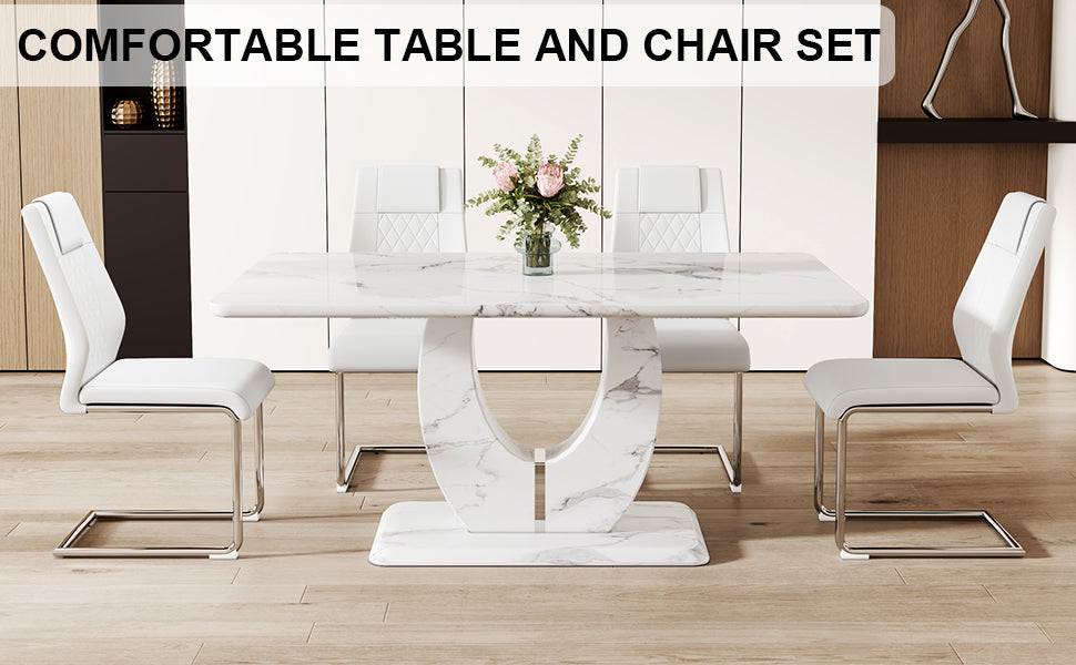 Modern marble dining table with four white faux leather chairs