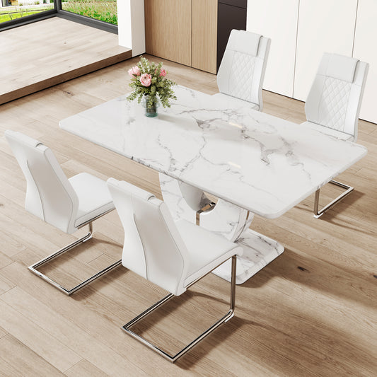 Modern white marble dining table with sleek chrome legs and four white upholstered dining chairs