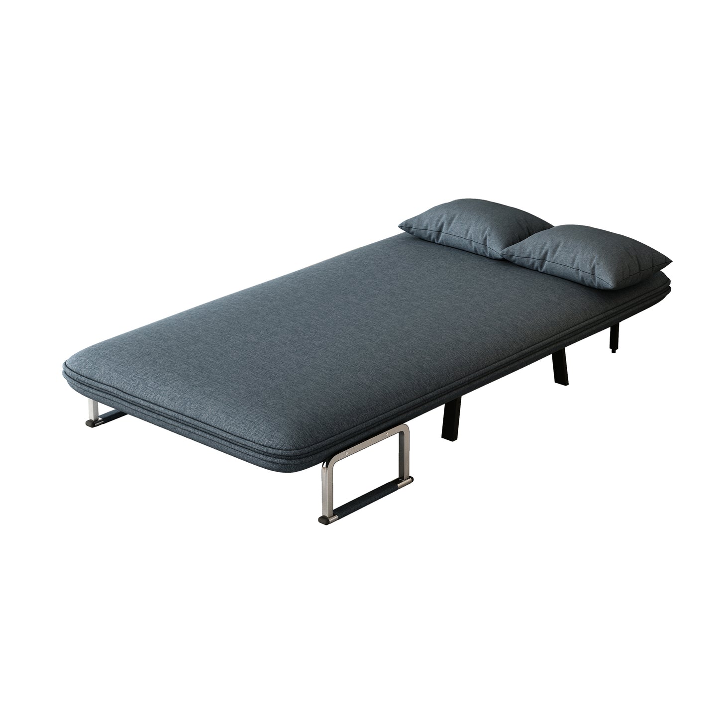 Dark gray upholstered daybed with metal frame and two cushions