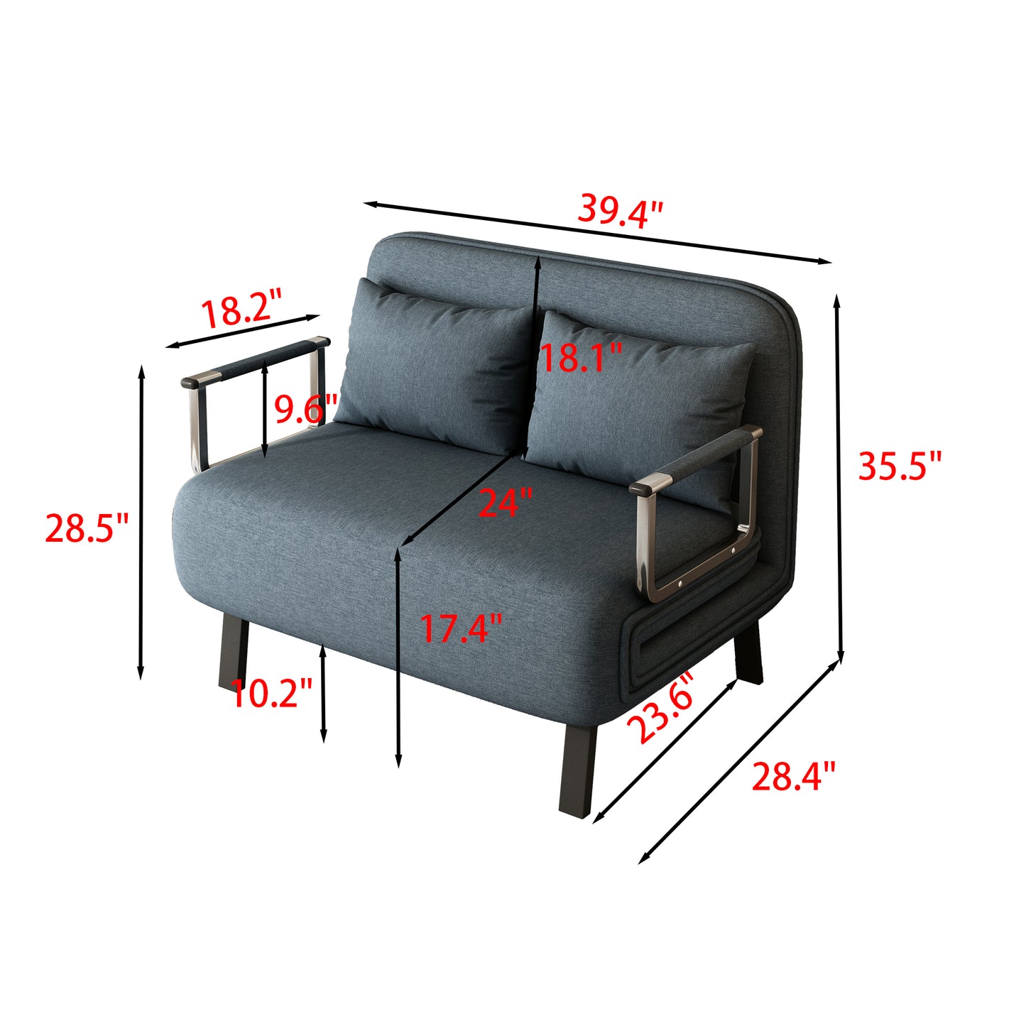 Grey fabric sofa bed with chrome arms modern design for small spaces
