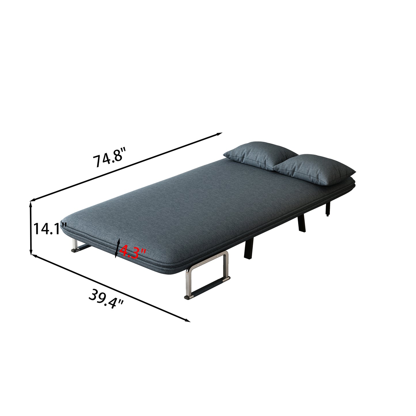 Charcoal gray fabric sofa bed with two pillows and metal frame  length