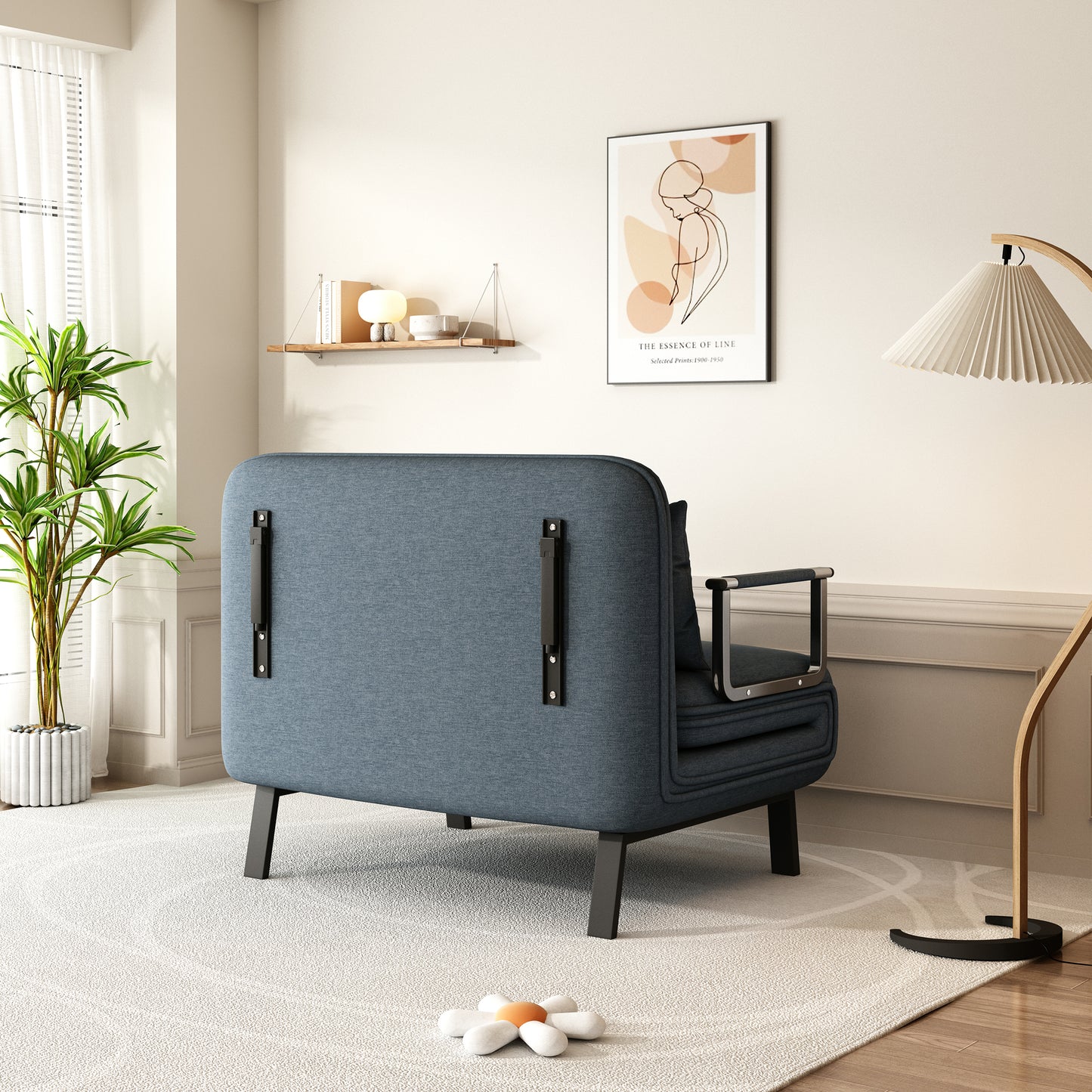 Blue upholstered accent chair with modern minimalist design