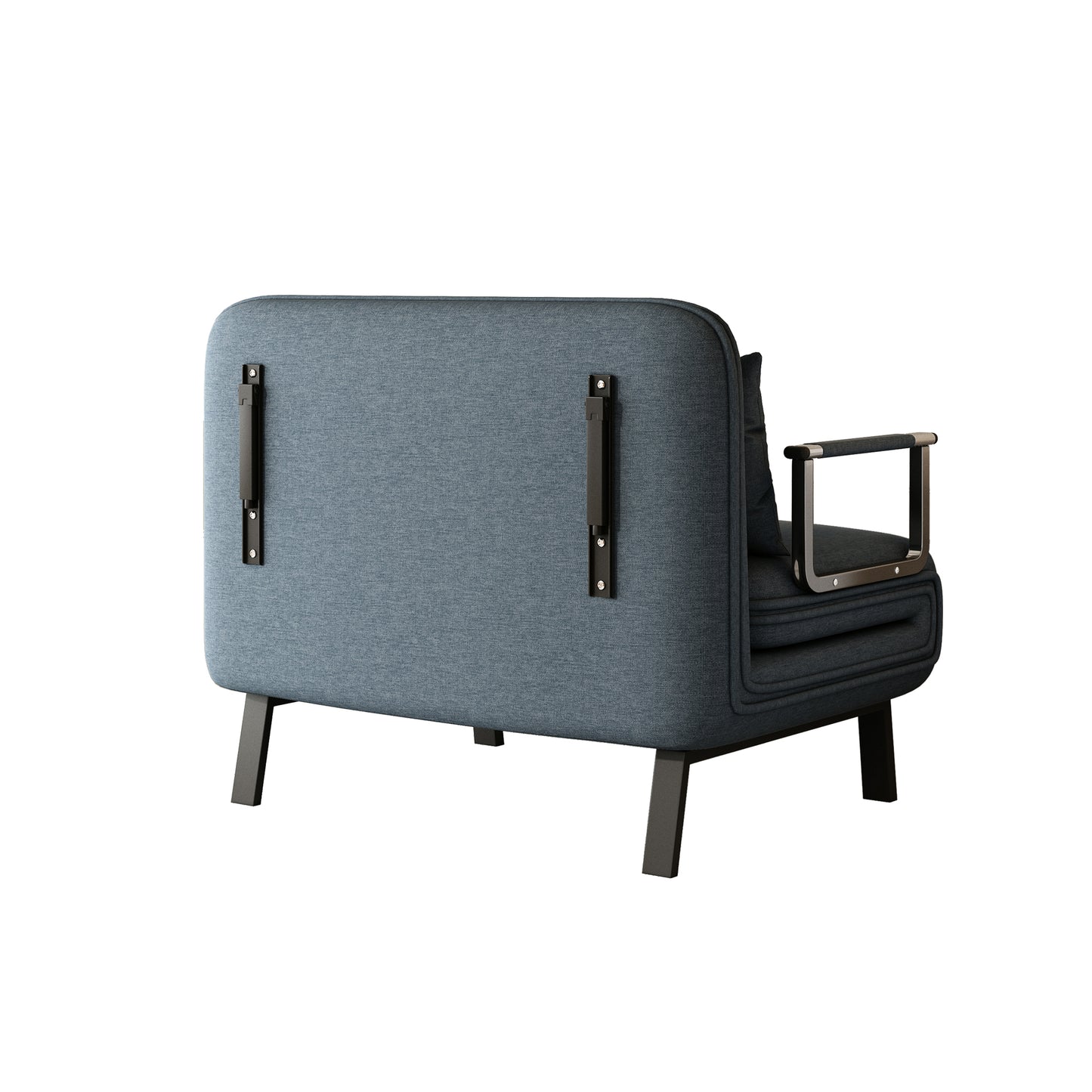 Modern grey upholstered sofa with black metal accents and legs