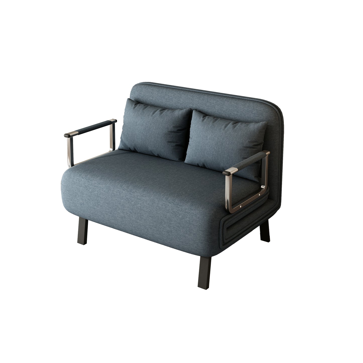 Modern charcoal grey loveseat with plush cushions and sleek chrome arms