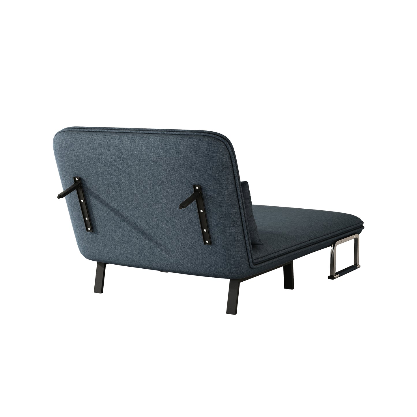 Dark blue fabric convertible sofa bed with black metal legs and chrome pull handles for easy conversion