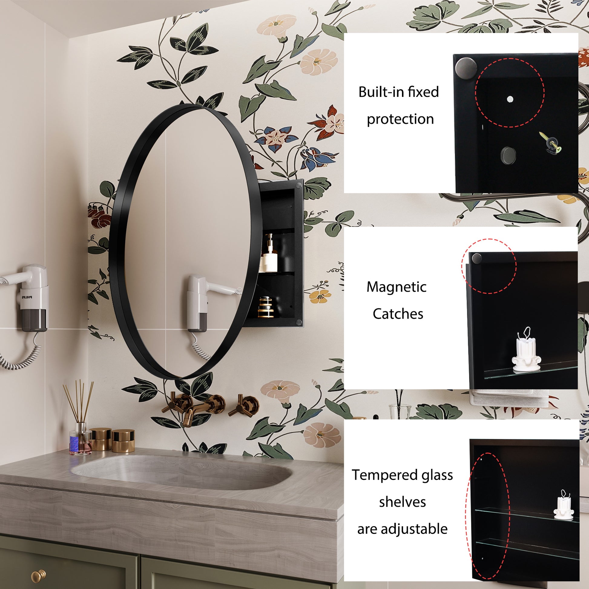 Black oval medicine cabinet with floral wallpaper and a hair dryer