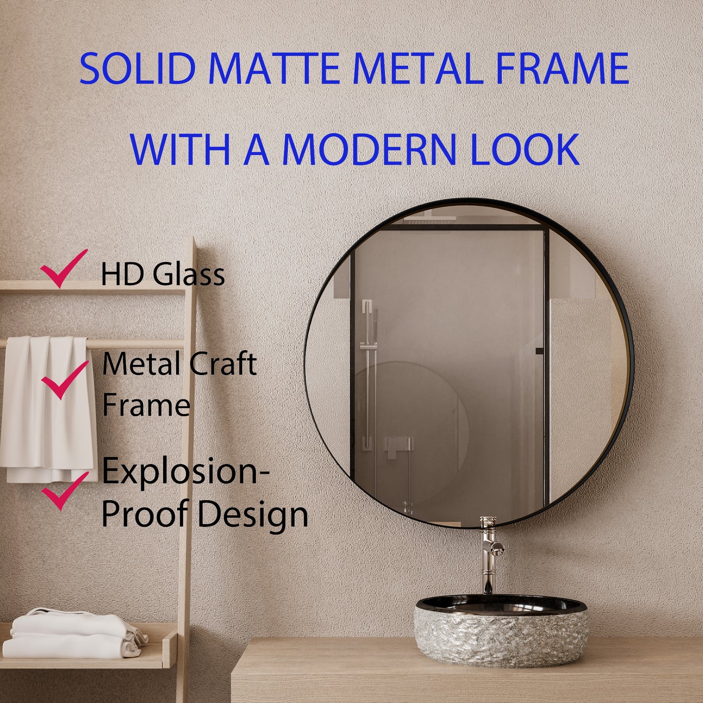 Round matte black metal frame mirror with HD glass and explosionproof design