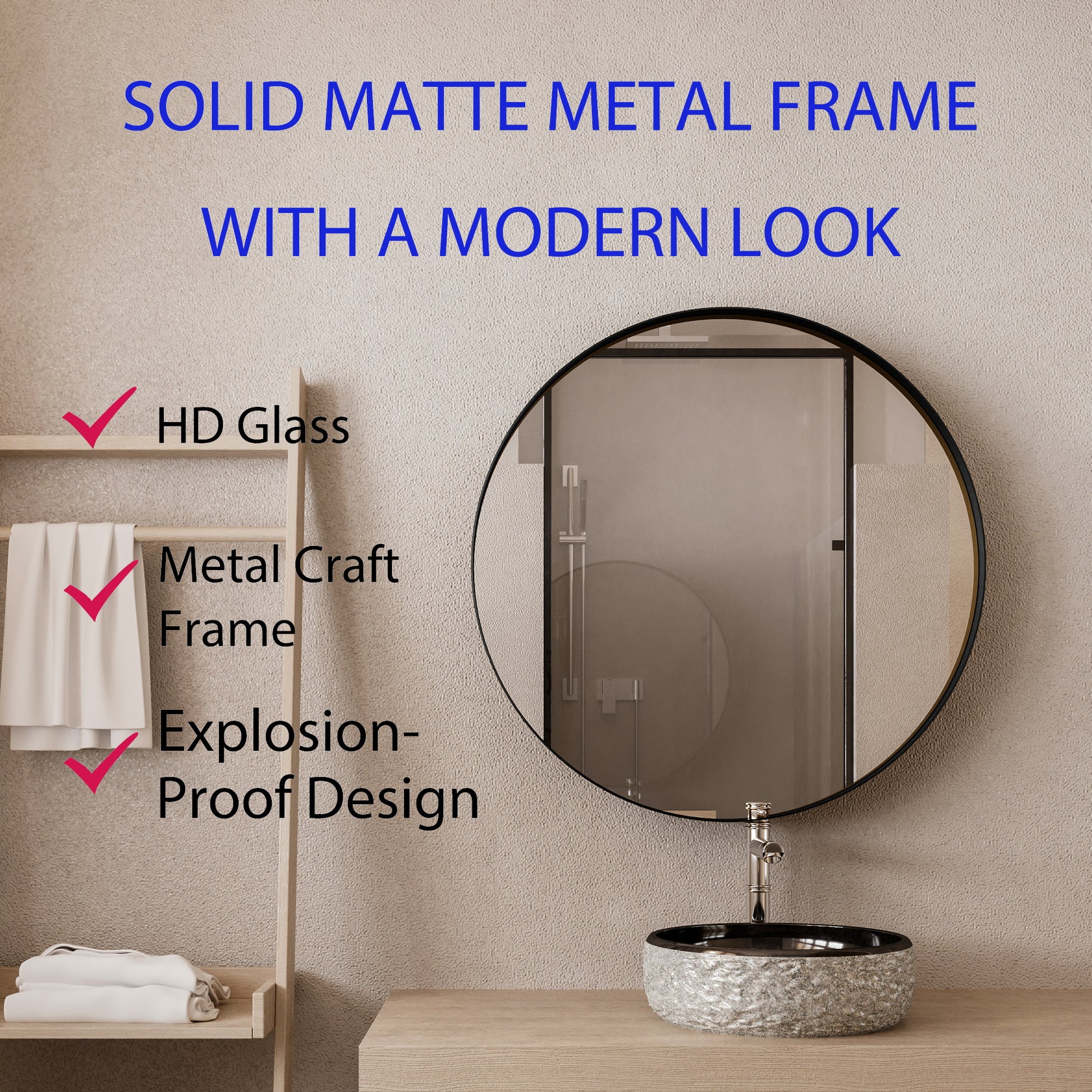 Round matte black metal frame mirror with HD glass and explosionproof design