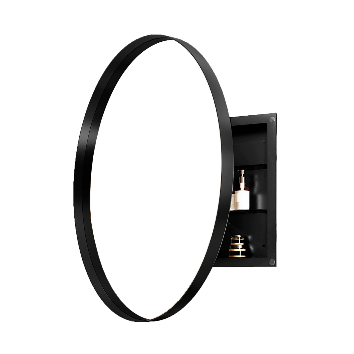 Modern black oval bathroom mirror with integrated wall shelf and gold accent bottles