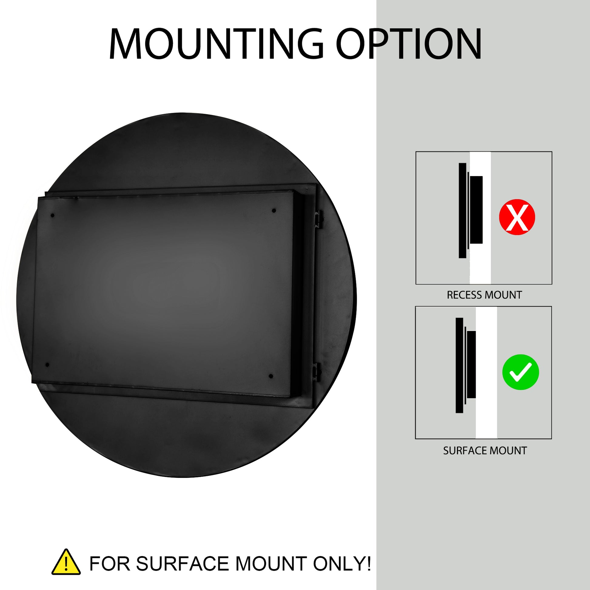 Black metal circular base with a rectangular inset for surface mount installation