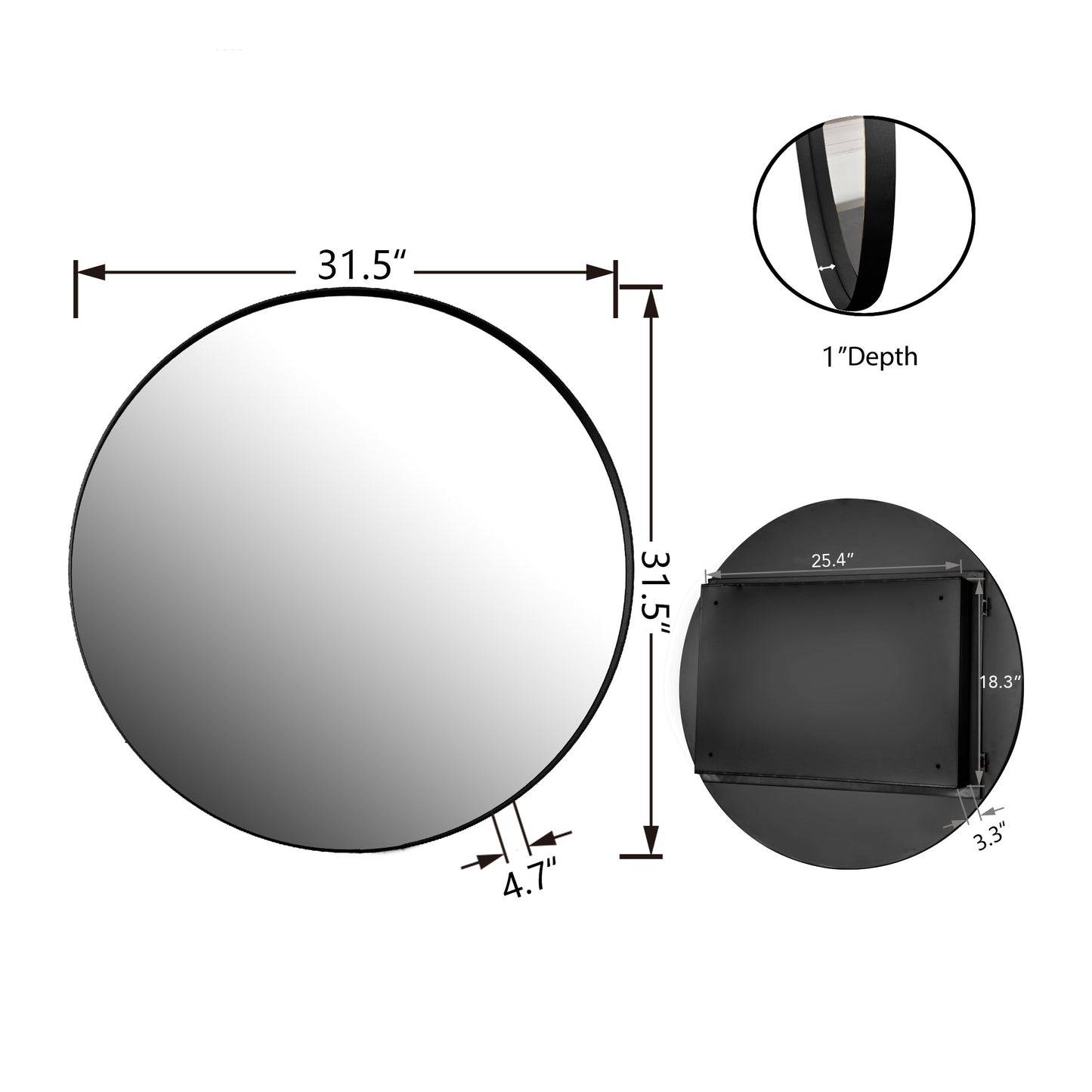 inch round black metal framed wall mirror with  inch depth