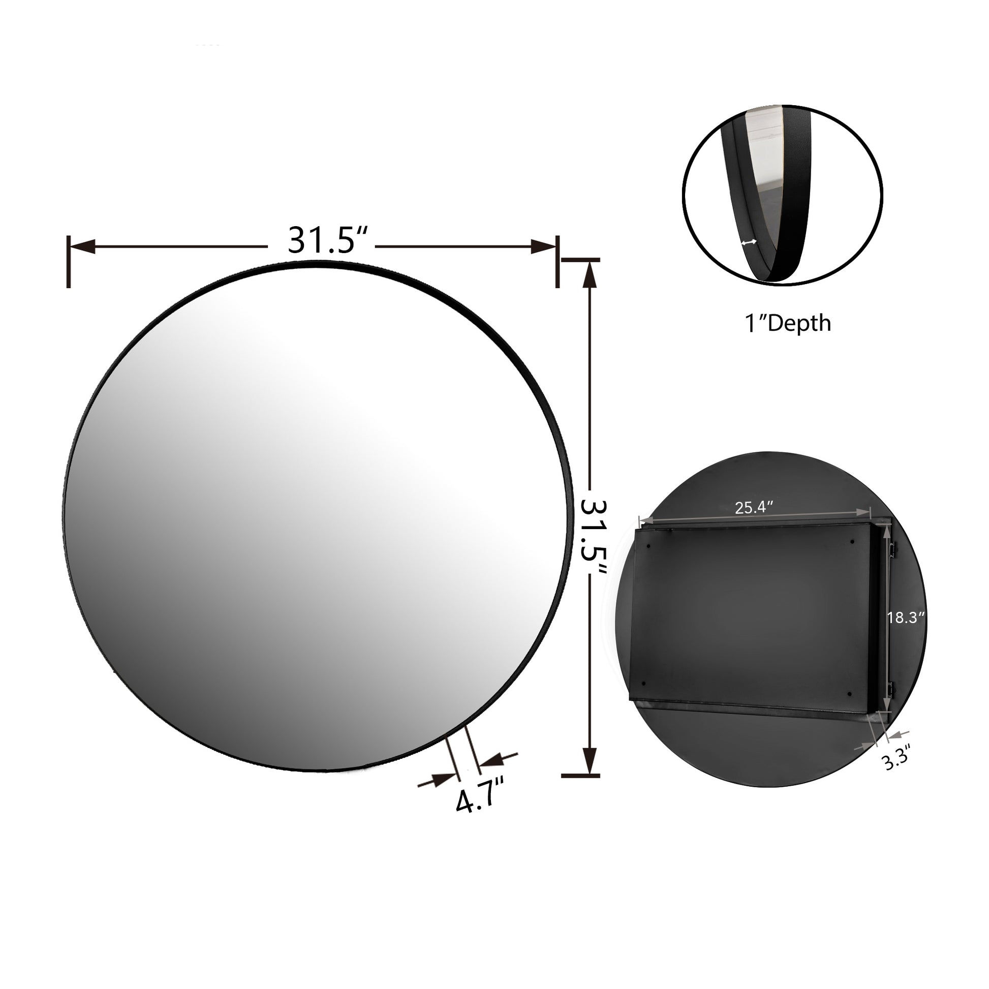 inch round black metal framed wall mirror with  inch depth