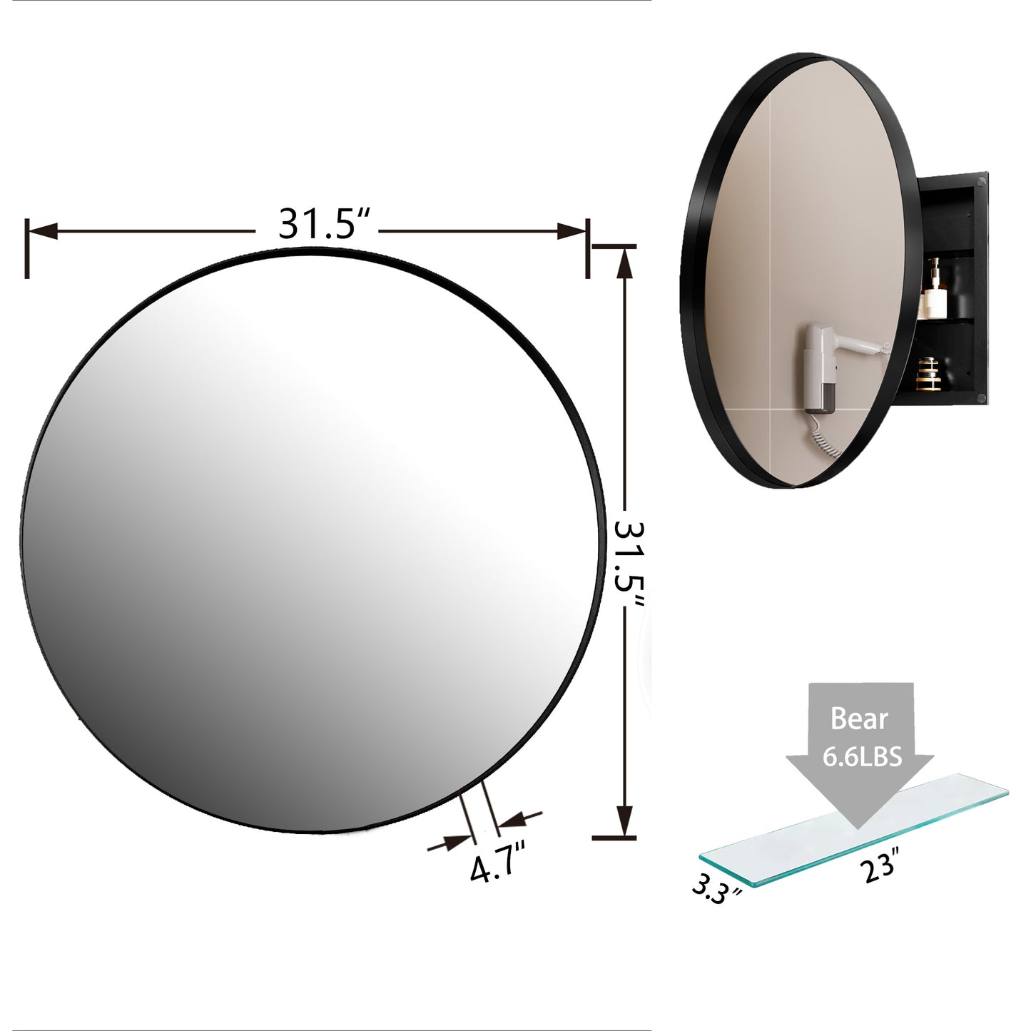 Round black framed bathroom mirror inch diameter with inset storage and hairdryer