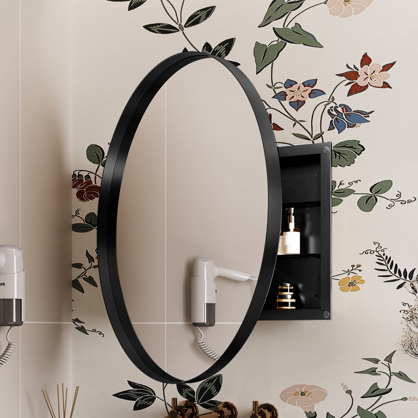 Oval matte black framed vanity mirror with builtin wallmounted hairdryer