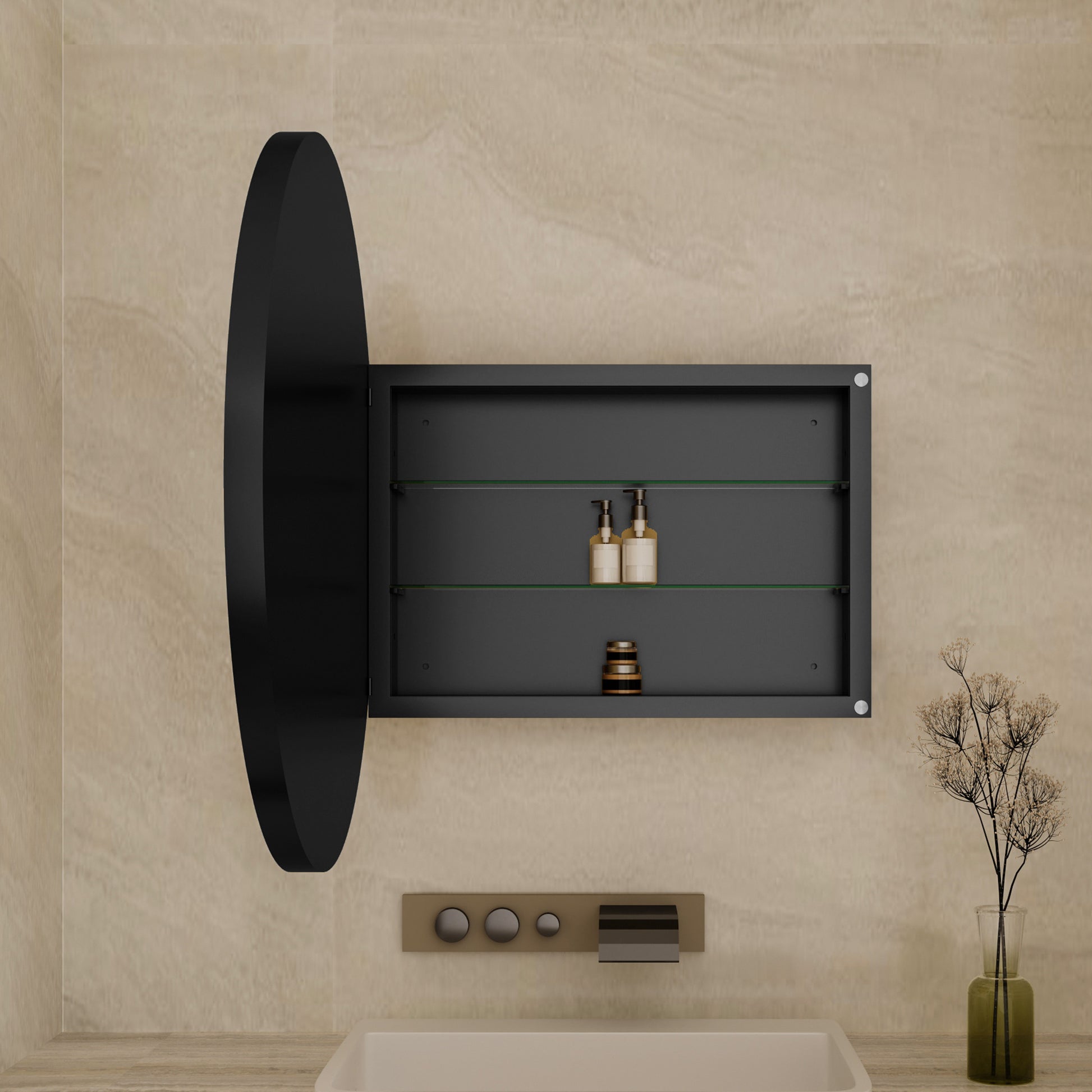 Modern black recessed medicine cabinet with oval mirrored door
