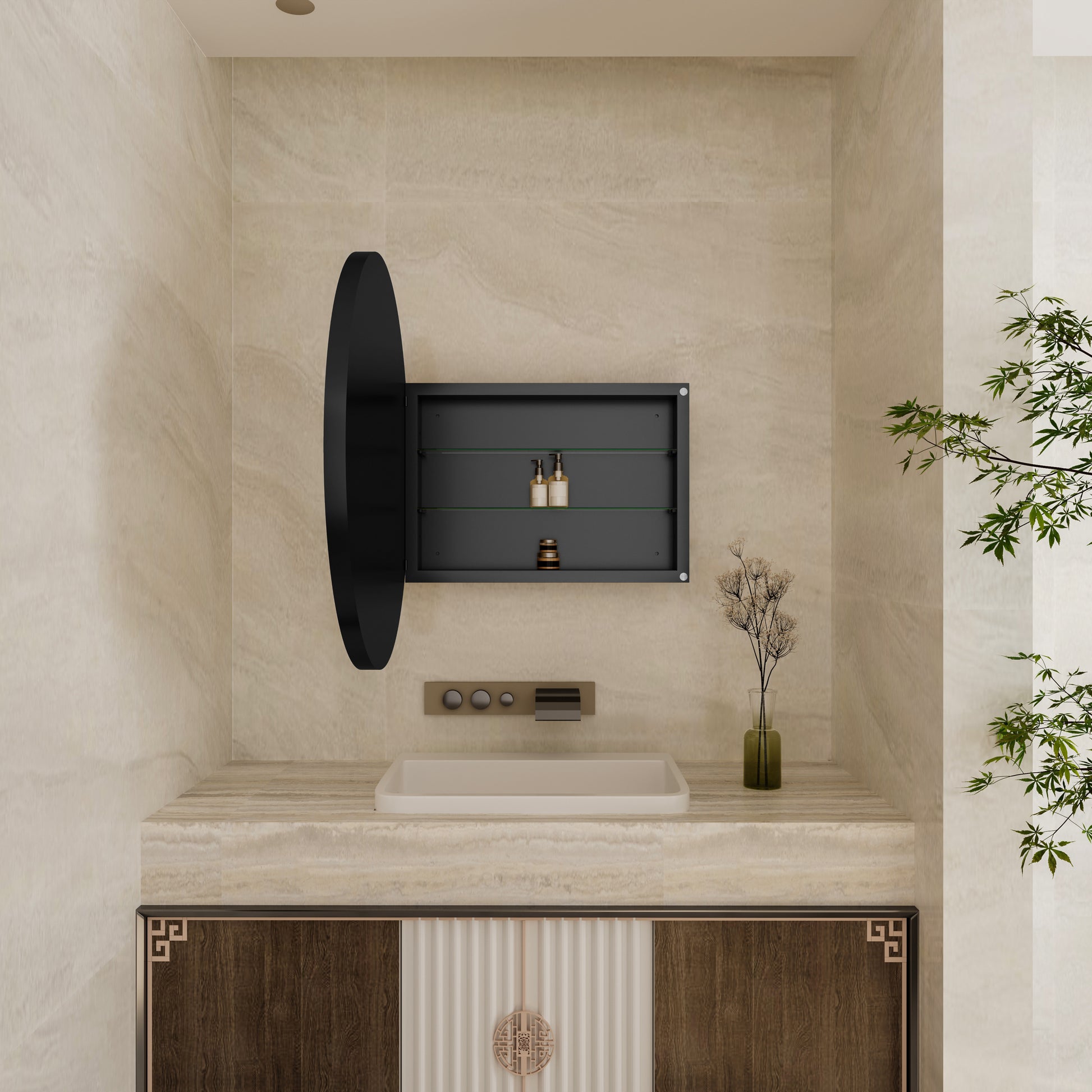 Minimalist bathroom vanity with dark wood brass accents and fluted panels