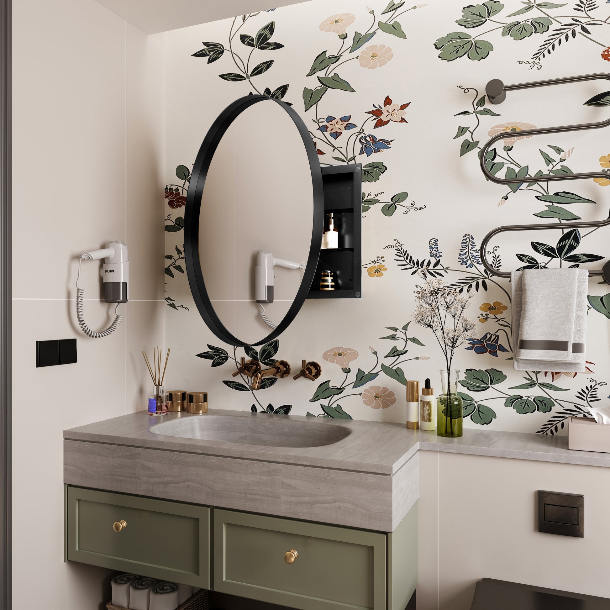 Floral wallpaper with delicate morning glories and leaves in a bathroom setting