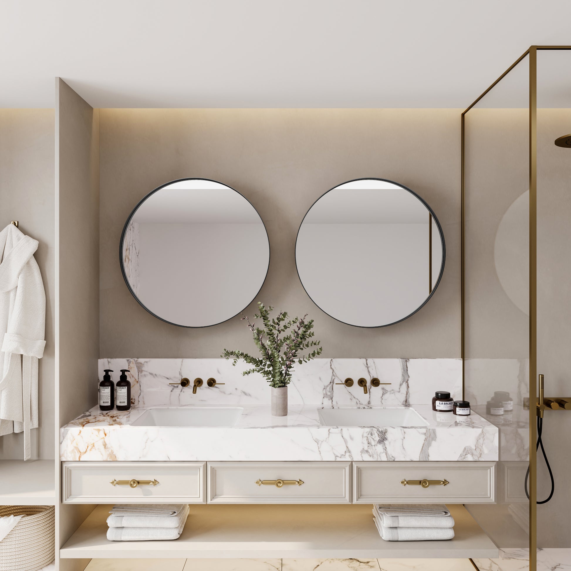 Modern double vanity with marble countertop and brass fixtures for a luxurious bathroom