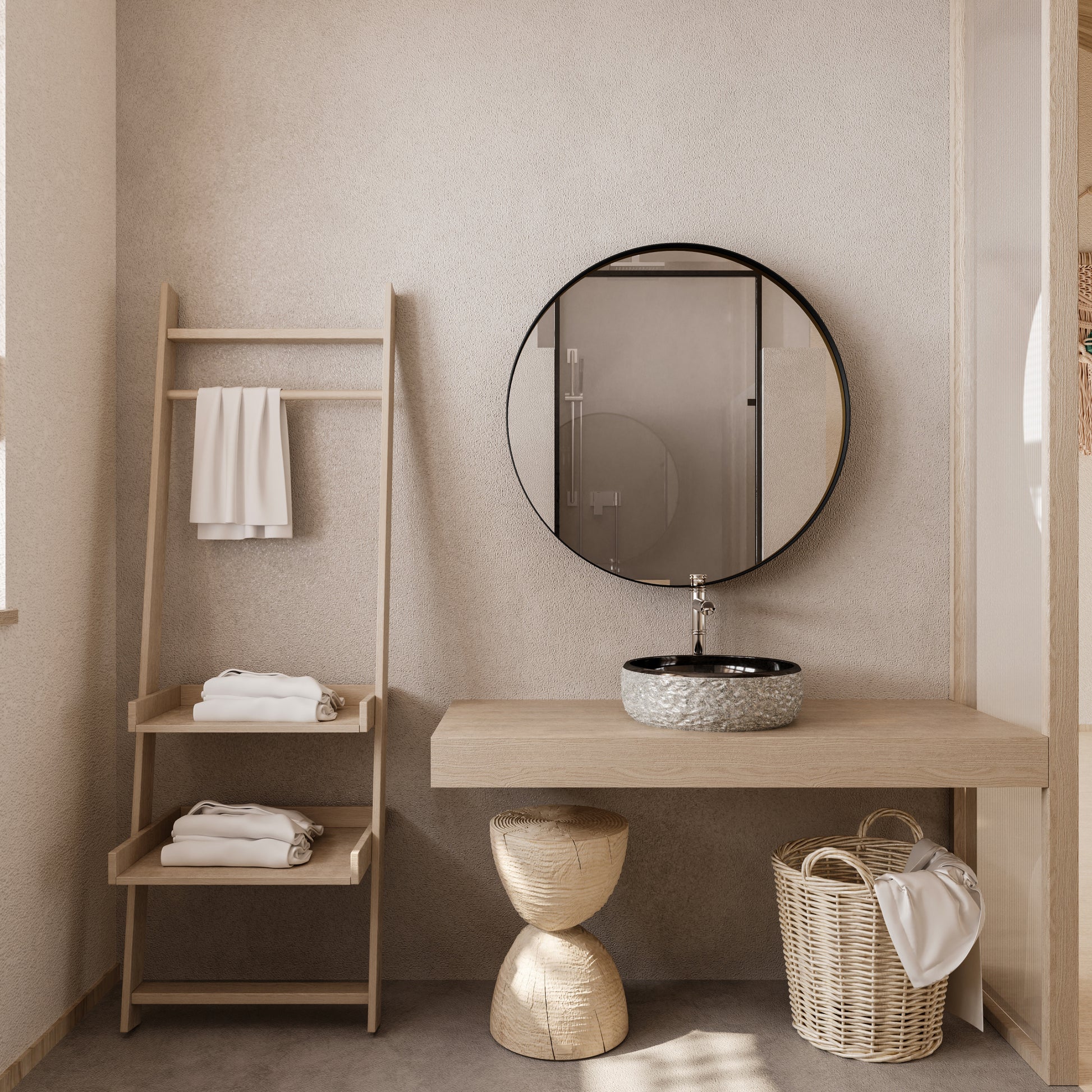 Wooden bathroom vanity with a textured stone sink and sleek chrome faucet
