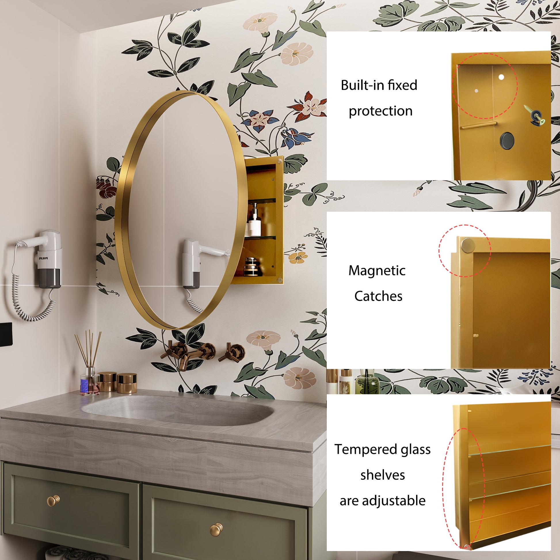 Gold oval mirror with a brass faucet and floral wallpaper