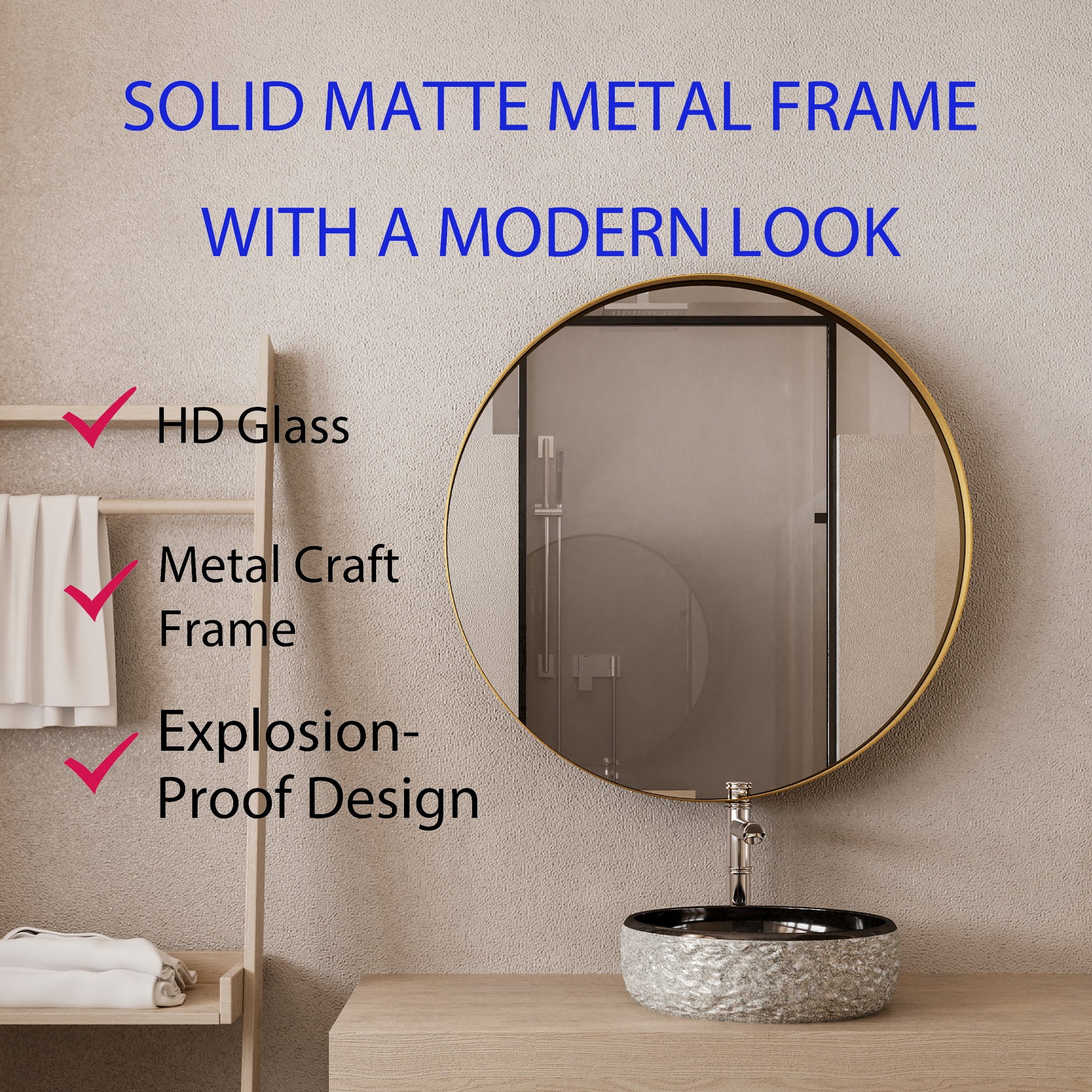 Round vanity mirror with gold metal frame and HD glass