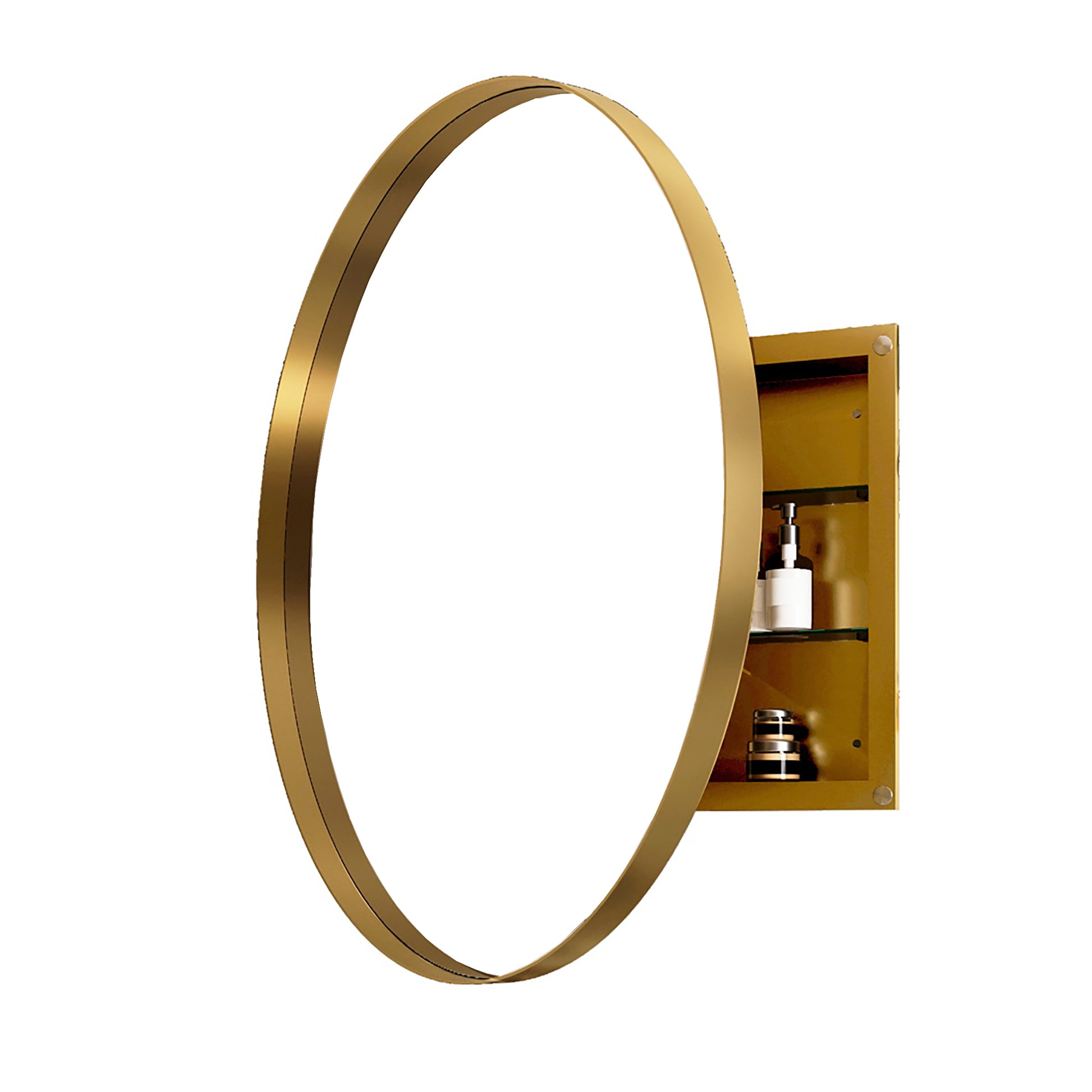 Gold circular mirror with integrated storage shelf displaying skincare products